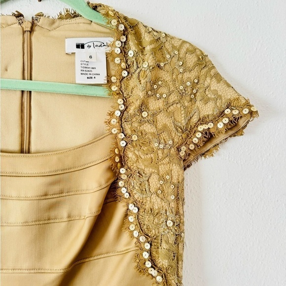 T by Tadashi Shoji Elegant Gold Dress with Lace and Sequin Details - Picture 2 of 15